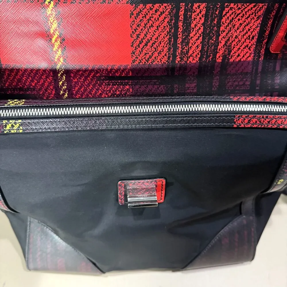 Prada Tessuto Nylon Saffiano Tartan Print Satchel - Red/Purple